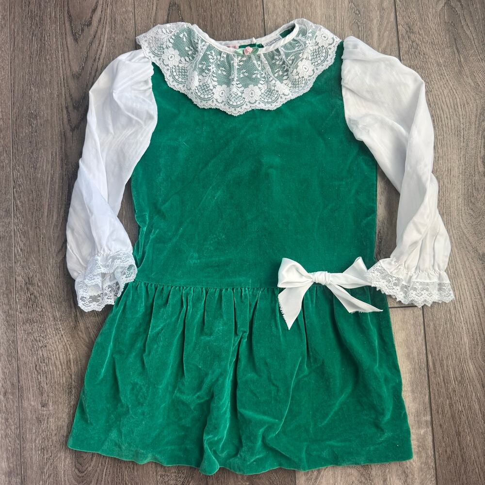 Vintage Carol Evans for Penney Girl Green Velvet Holiday Dress White Lace Size 5
